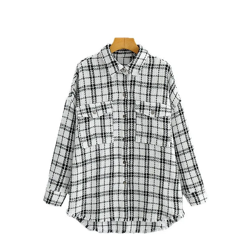 Damen Oversized Tweed-Hemdjacke mit Brusttaschen und fransigem Saum Drune