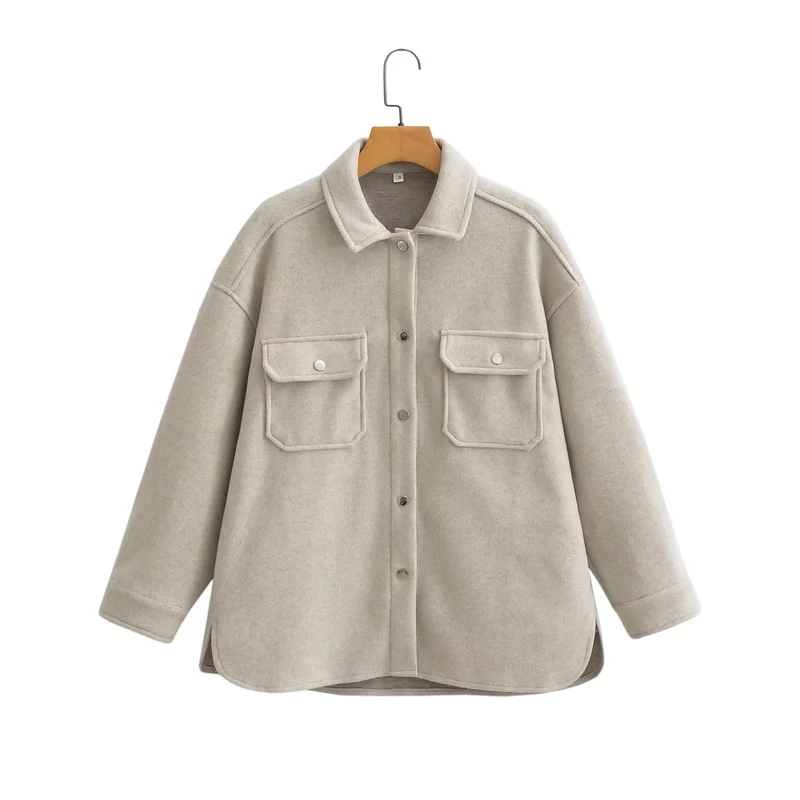 Damen Oversized Teddy-Hemdjacke mit Druckknopfverschlüssen und aufgesetzten Brusttaschen Drune