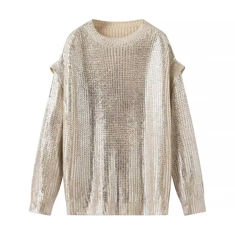 Damen Oversized Strickpullover mit Cut-Out-Schultern und Metallic-Glanz Drune