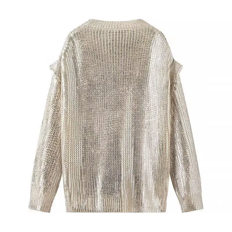 Damen Oversized Strickpullover mit Cut-Out-Schultern und Metallic-Glanz Drune