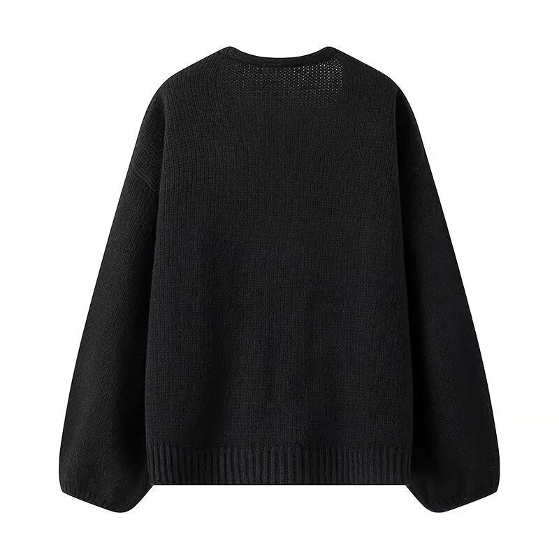 Damen Oversized Strickcardigan mit V-Ausschnitt und Pailletten‑Schleifen Drune