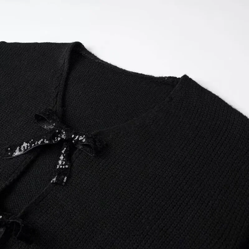 Damen Oversized Strickcardigan mit V-Ausschnitt und Pailletten‑Schleifen Drune