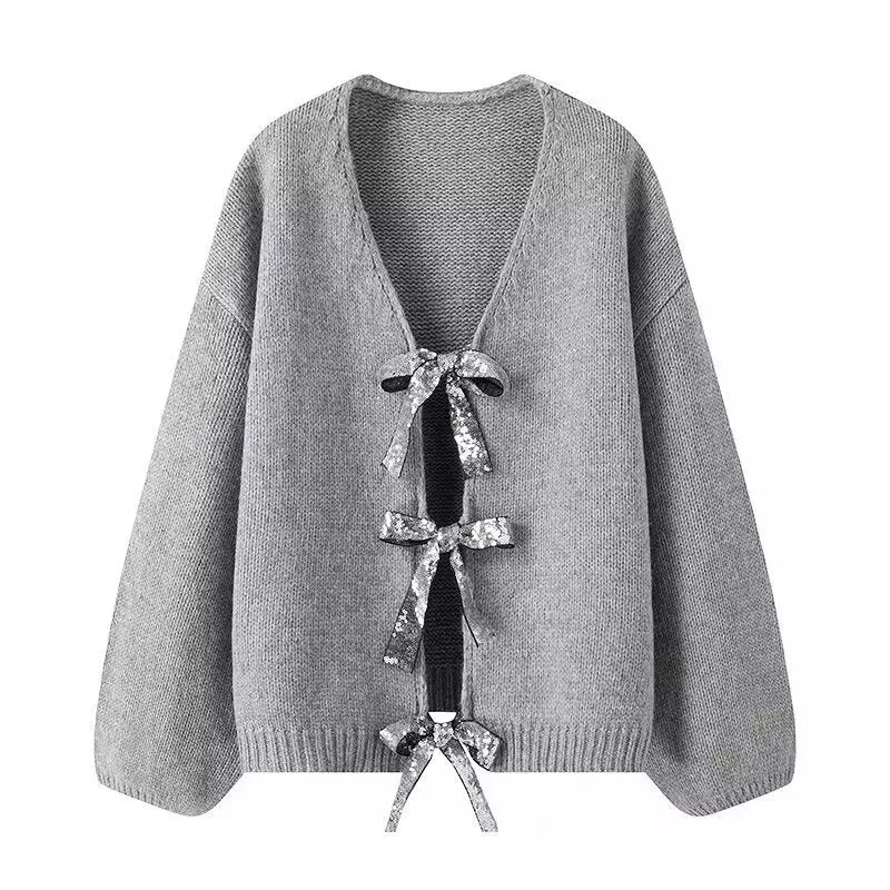 Damen Oversized Strickcardigan mit V-Ausschnitt und Pailletten‑Schleifen Drune