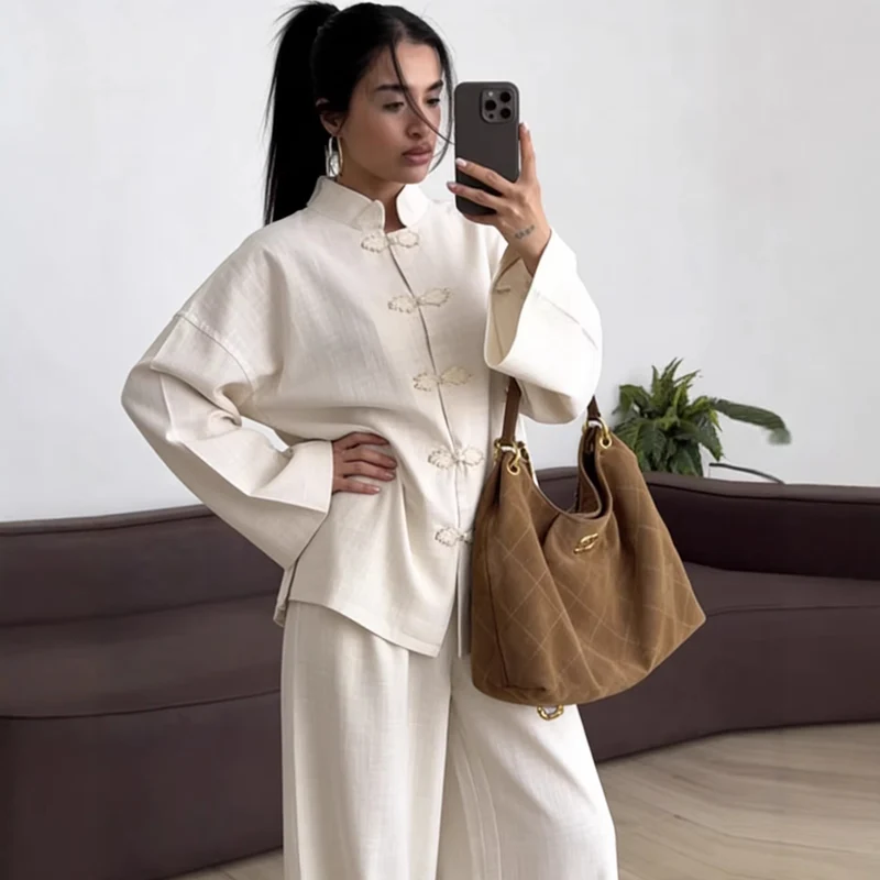 Damen Oversized Mandarinjacke mit Knotenverschlüssen und weitem Arm Drune