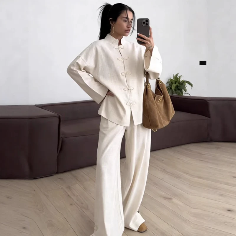 Damen Oversized Mandarinjacke mit Knotenverschlüssen und weitem Arm Drune