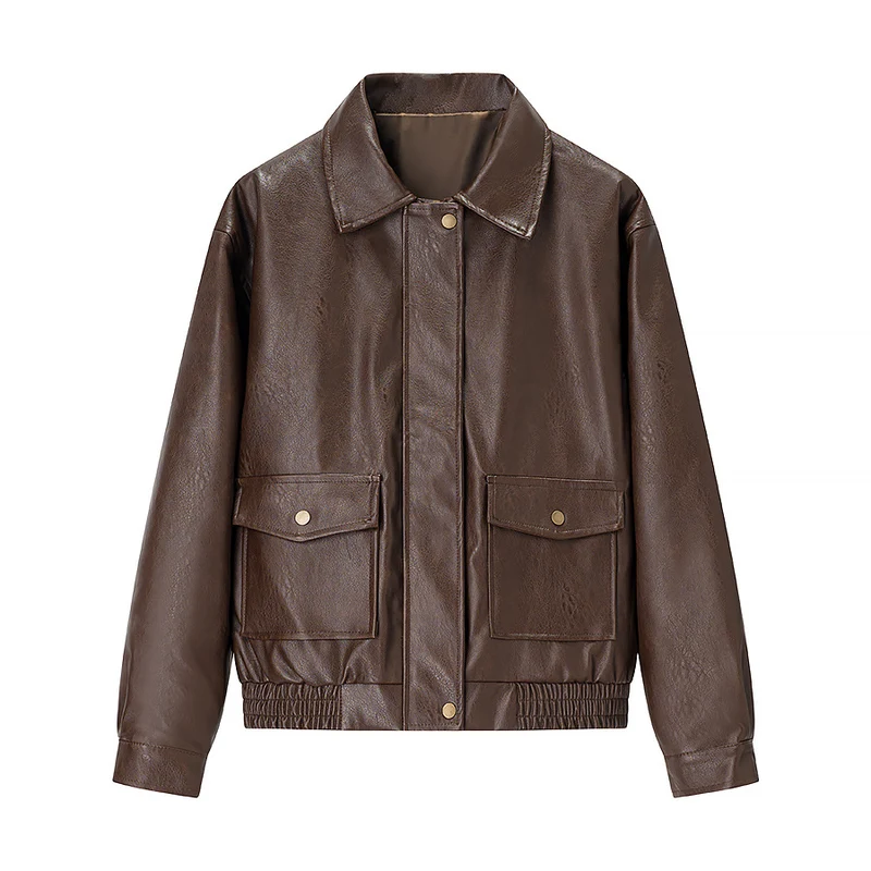 Damen Oversized-Kunstlederblouson mit Hemdkragen, aufgesetzten Pattentaschen und verdeckter Reißverschlussleiste Drune