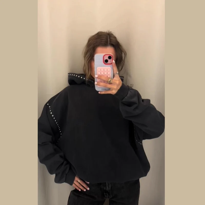 Damen Oversized Kapuzenpullover mit Nietenbesatz und Ballonärmeln Drune