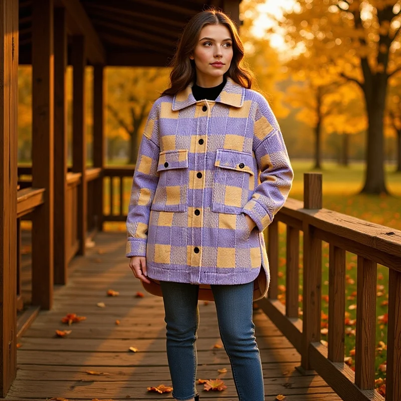 Damen Oversized Hemdjacke im Karo mit großen Pattentaschen und gerundetem Saum Drune