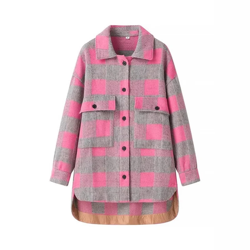 Damen Oversized Hemdjacke im Karo mit großen Pattentaschen und gerundetem Saum Drune