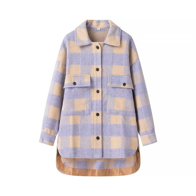 Damen Oversized Hemdjacke im Karo mit großen Pattentaschen und gerundetem Saum Drune