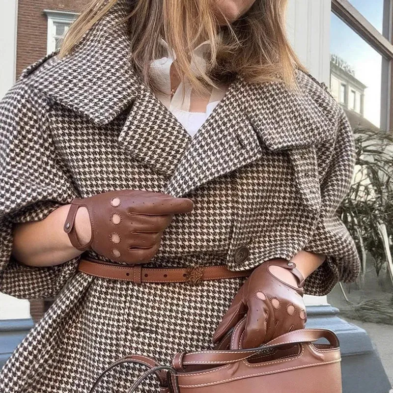 Damen Oversize-Trenchcoat mit Hahnentritt-Muster, hohem Stehkragen und Schulterklappen Drune
