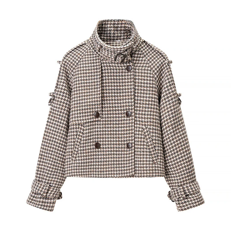 Damen Oversize-Trenchcoat mit Hahnentritt-Muster, hohem Stehkragen und Schulterklappen Drune