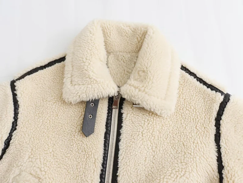 Damen Oversize-Teddyjacke im Aviator-Stil mit Kunstleder-Paspel, Stehkragen und Reißverschluss Drune