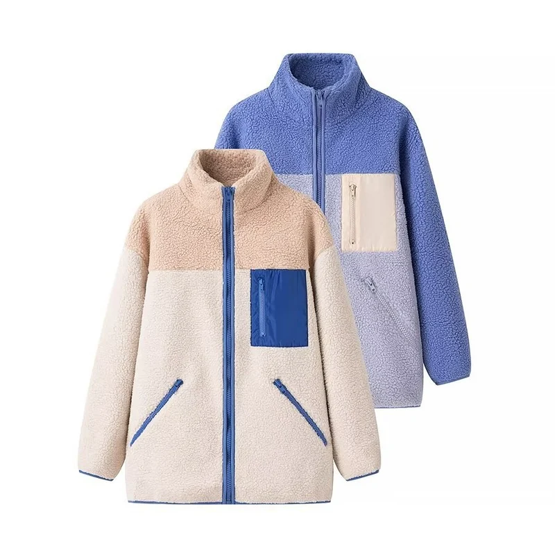 Damen Oversize Teddy-Fleecejacke mit Stehkragen, Reißverschlusstaschen und Nylon-Brusttasche Drune