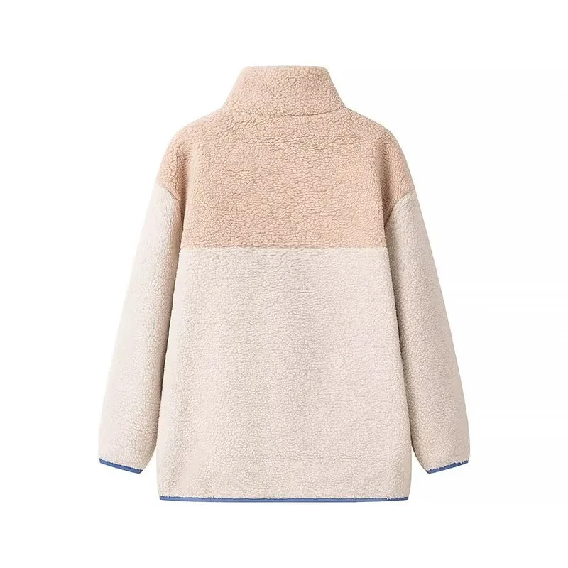 Damen Oversize Teddy-Fleecejacke mit Stehkragen, Reißverschlusstaschen und Nylon-Brusttasche Drune