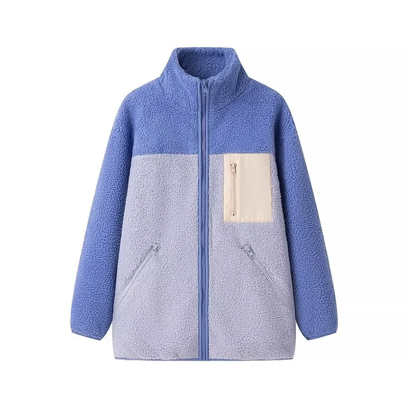 Damen Oversize Teddy-Fleecejacke mit Stehkragen, Reißverschlusstaschen und Nylon-Brusttasche Drune