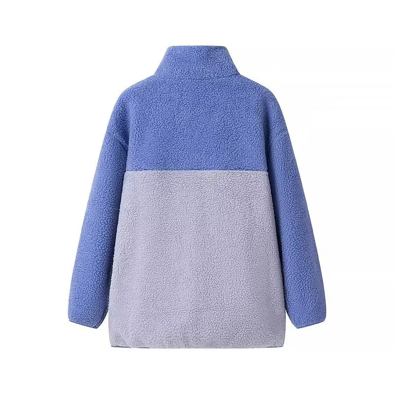 Damen Oversize Teddy-Fleecejacke mit Stehkragen, Reißverschlusstaschen und Nylon-Brusttasche Drune