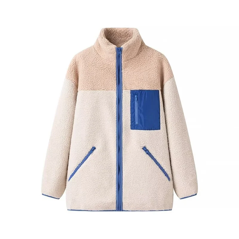 Damen Oversize Teddy‑Fleecejacke mit Farbblock, Stehkragen und Reißverschlusstaschen Drune