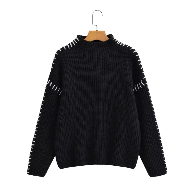 Damen Oversize-Strickpullover mit Stehkragen, Ballonärmeln und Ziernaht Drune