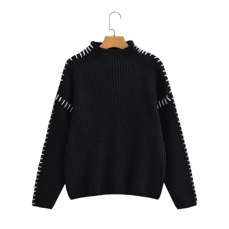 Damen Oversize-Strickpullover mit Stehkragen, Ballonärmeln und Ziernaht Drune