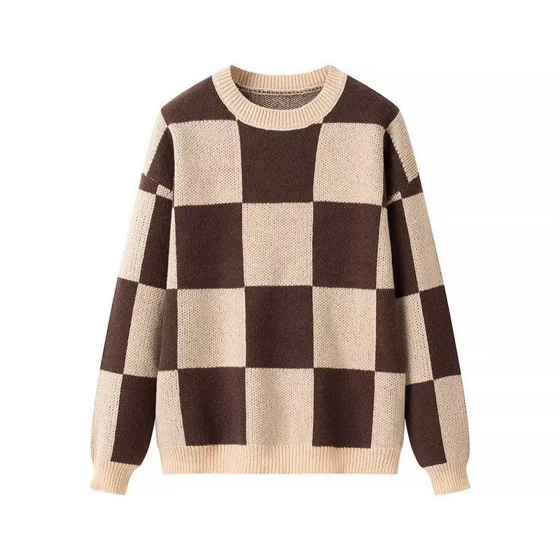 Damen Oversize-Strickpullover mit großem Karo‑Muster und geripptem Saum Drune