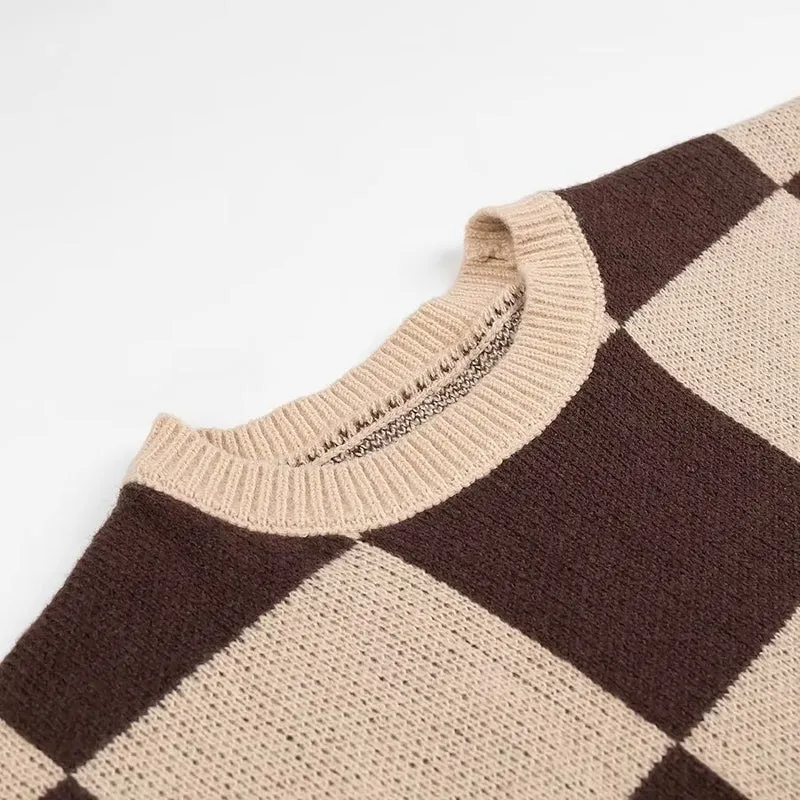 Damen Oversize-Strickpullover mit großem Karo‑Muster und geripptem Saum Drune