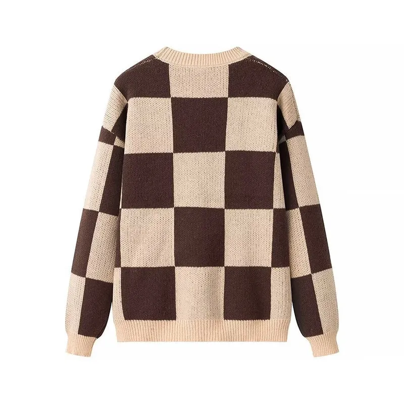 Damen Oversize-Strickpullover mit großem Karo‑Muster und geripptem Saum Drune