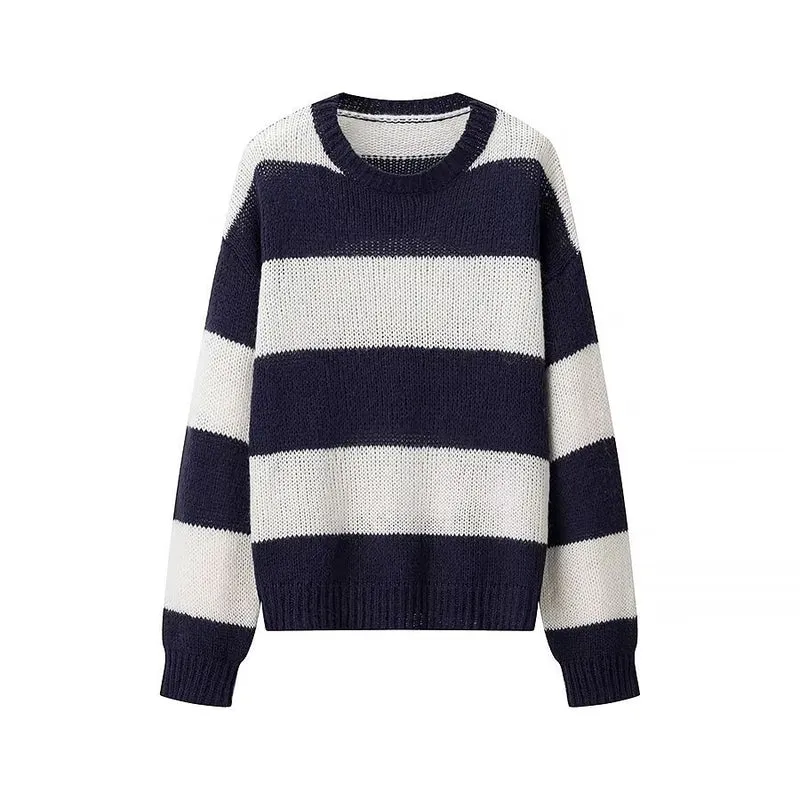 Damen Oversize-Strickpullover mit breiten Blockstreifen und Rundhalsausschnitt Drune