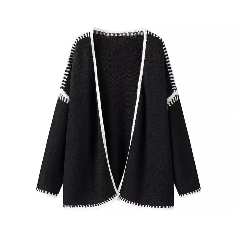 Damen Oversize-Strickjacke mit kontrastierender Häkelkante und überschnittener Schulter Drune