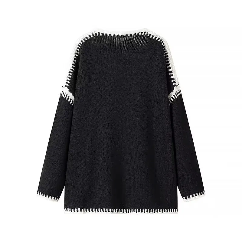 Damen Oversize-Strickjacke mit kontrastierender Häkelkante und überschnittener Schulter Drune
