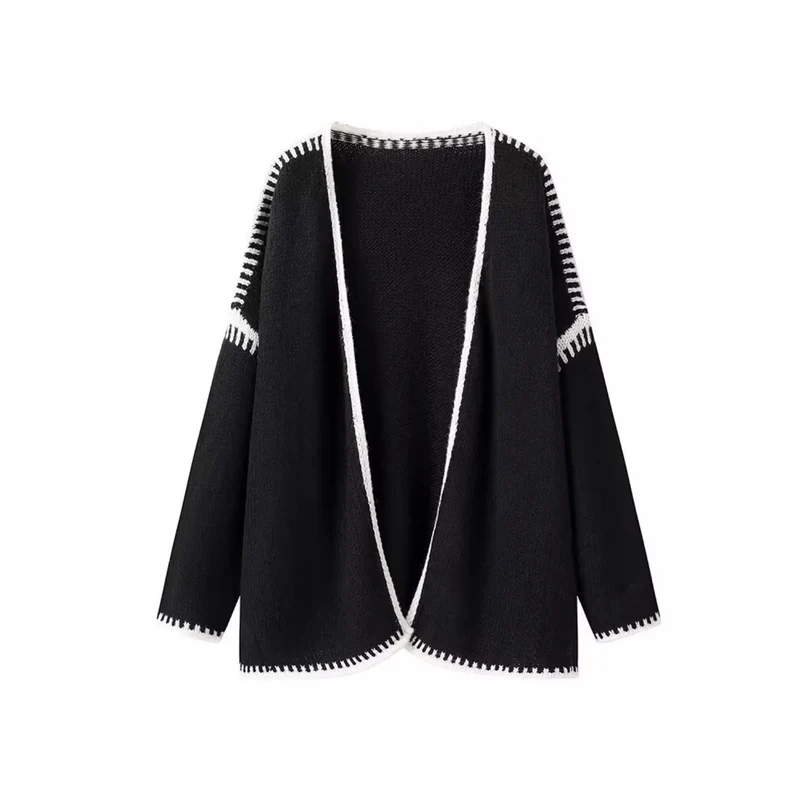 Damen Oversize-Strickjacke mit kontrastierender Häkelkante und überschnittener Schulter Drune