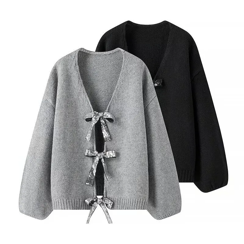 Damen Oversize-Strickcardigan mit V‑Ausschnitt und Pailletten‑Schleifen Drune