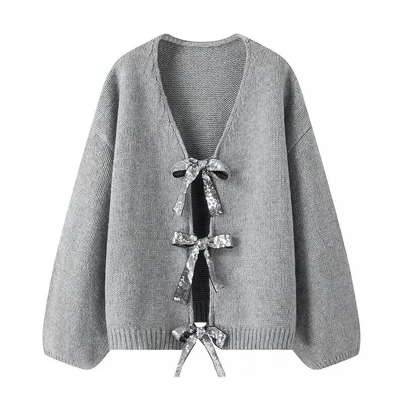 Damen Oversize-Strickcardigan mit V‑Ausschnitt und Pailletten‑Schleifen Drune