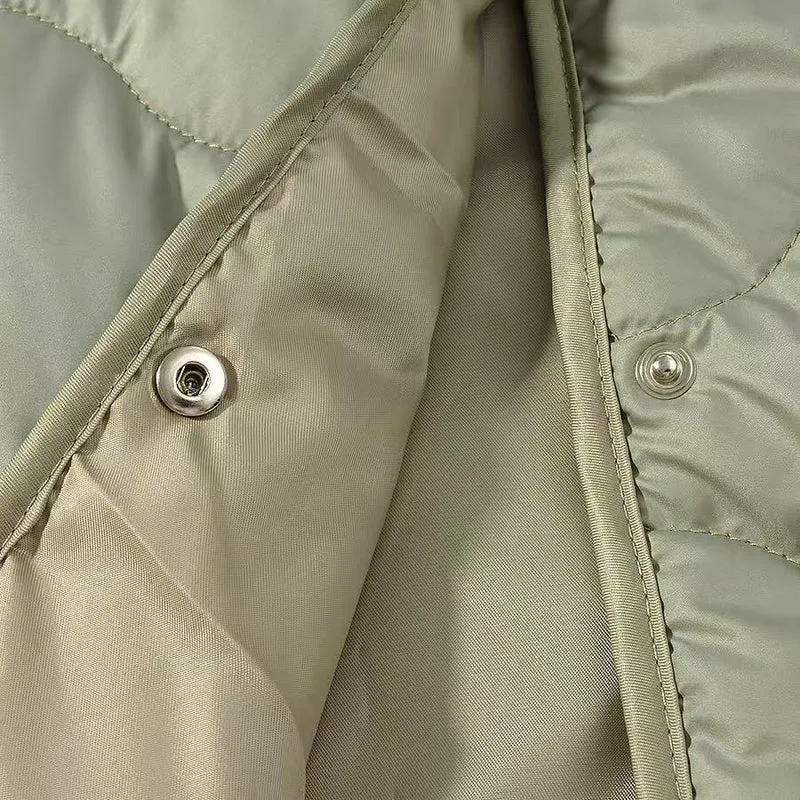 Damen Oversize-Steppjacke ohne Kragen mit Druckknopfverschluss und abgerundetem Saum Drune