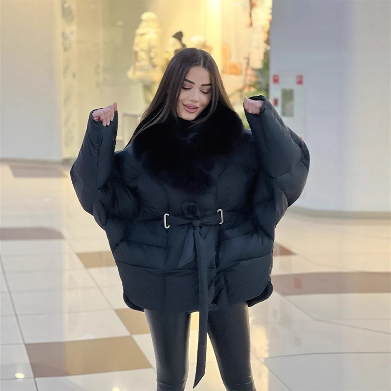 Damen Oversize Steppjacke mit Taillengürtel und Kunstfellkragen Drune