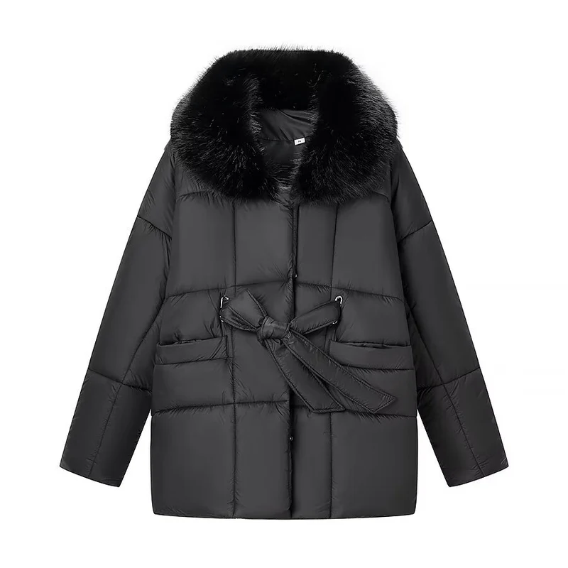 Damen Oversize Steppjacke mit Taillengürtel und Kunstfellkragen Drune