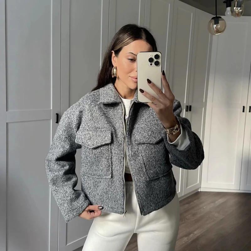 Damen Oversize-Shacket aus Wollmix mit Reißverschluss und aufgesetzten Pattentaschen Drune