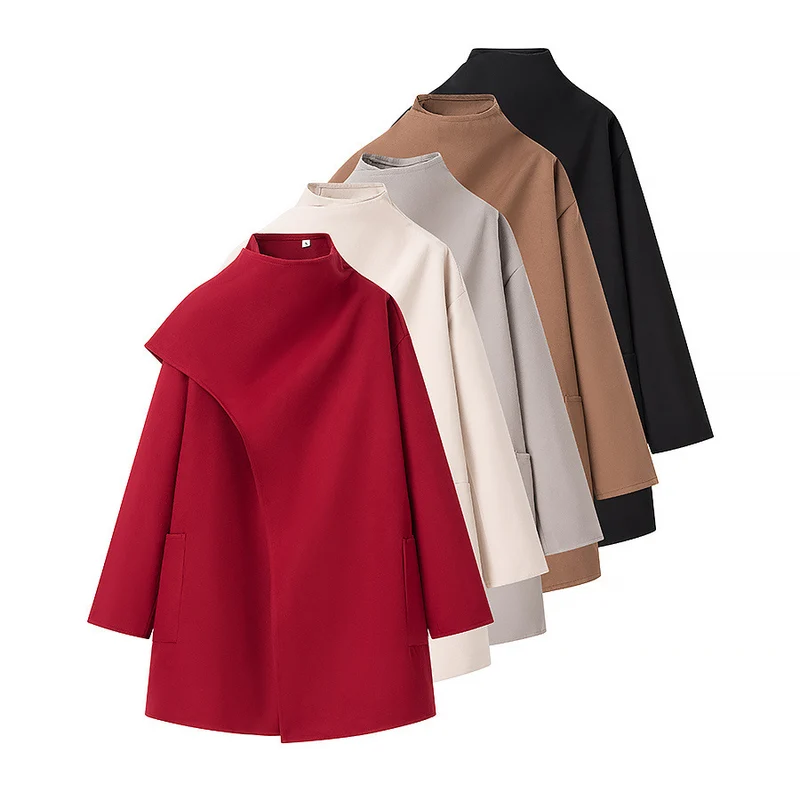 Damen Oversize-Mantel mit Stehkragen, asymmetrischem Überwurf und aufgesetzter Tasche Drune
