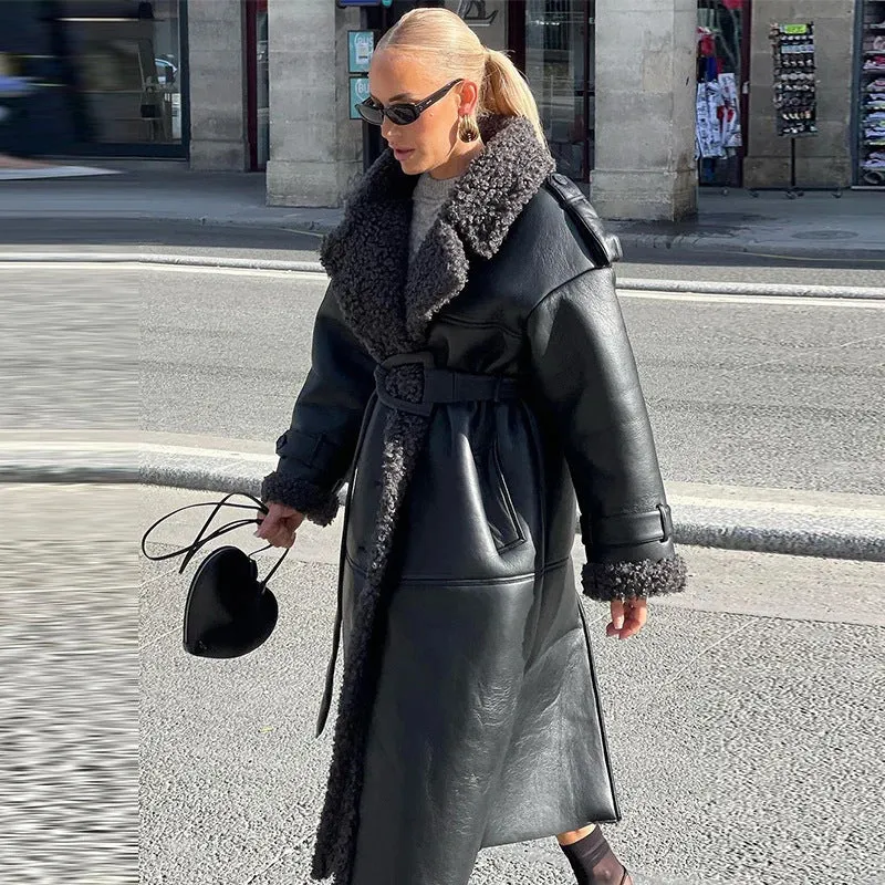 Damen Oversize Lammfellmantel mit Gürtel und Teddyfutter Drune