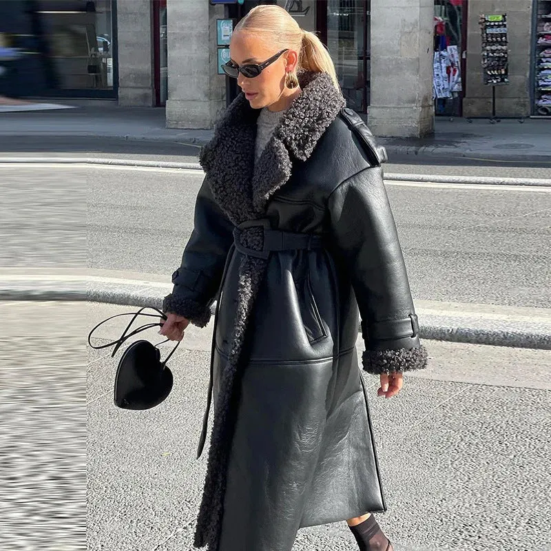 Damen Oversize Lammfellmantel mit Gürtel und Teddyfutter Drune
