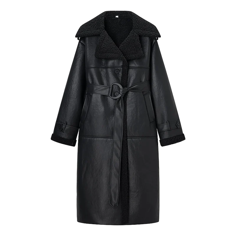 Damen Oversize Lammfellmantel mit Gürtel und Teddyfutter Drune