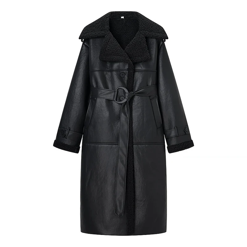 Damen Oversize Lammfellmantel mit Gürtel und Teddyfutter Drune