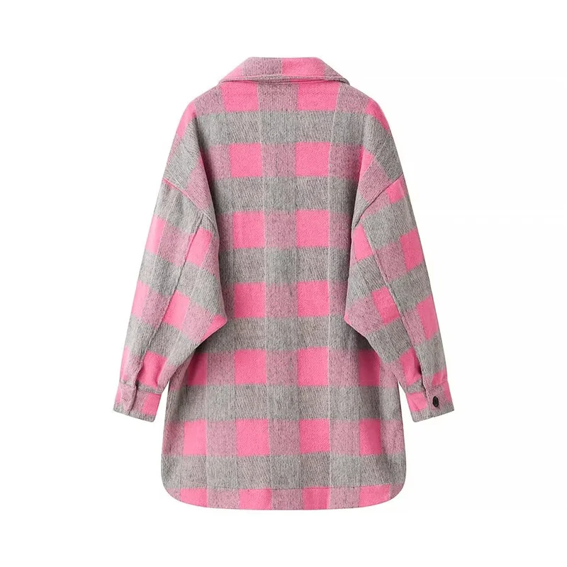 Damen Oversize-Karo-Shacket mit aufgesetzten Brusttaschen und runder Saumlinie Drune