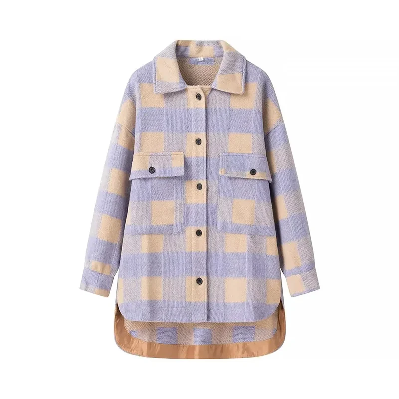 Damen Oversize-Karo-Shacket mit aufgesetzten Brusttaschen und runder Saumlinie Drune