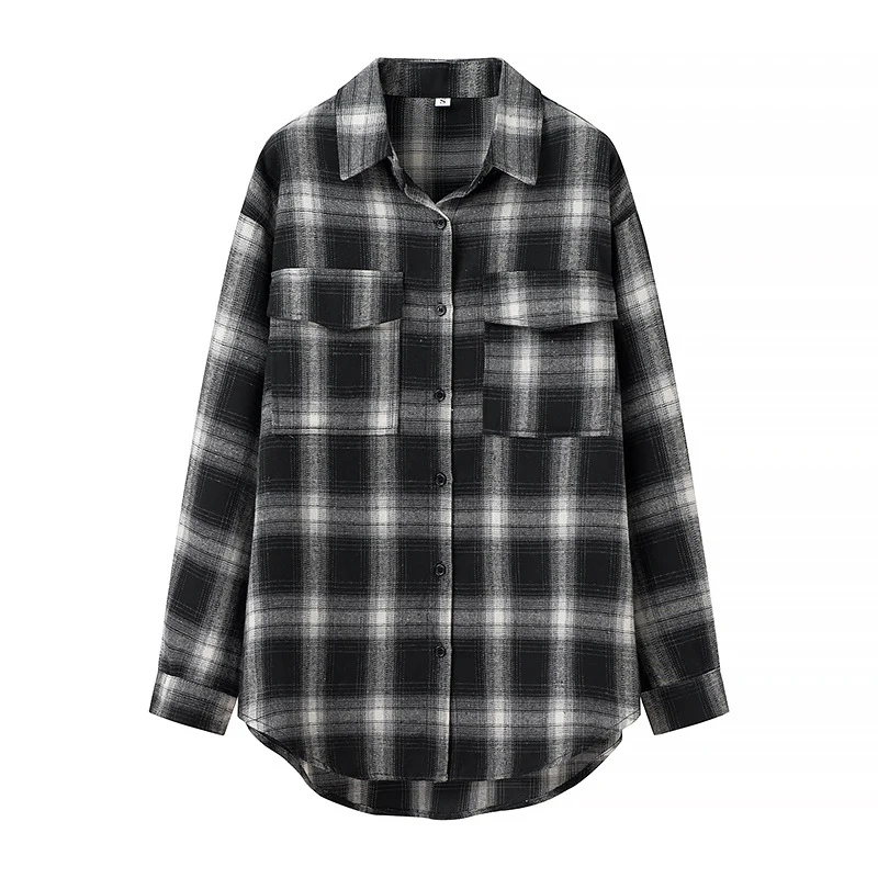 Damen Oversize‑Karo‑Hemdbluse mit aufgesetzten Brusttaschen und abgerundetem Saum Drune