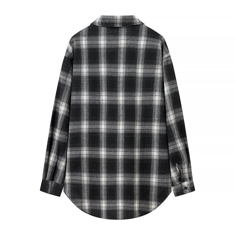 Damen Oversize‑Karo‑Hemdbluse mit aufgesetzten Brusttaschen und abgerundetem Saum Drune