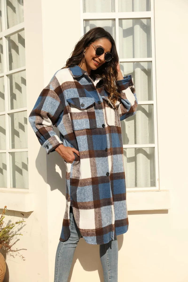 Damen Oversize-kariertes Longline-Überhemd mit Brustklappen Drune