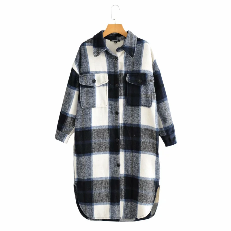Damen Oversize-kariertes Longline-Überhemd mit Brustklappen Drune