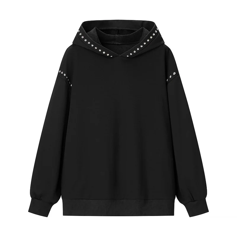 Damen Oversize-Kapuzenpullover mit Nietenbesatz und geripptem Saum Drune