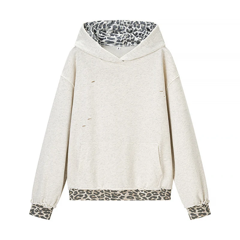 Damen Oversize‑Kapuzenpullover mit Leo‑Futter, Used‑Details und Kängurutasche Drune